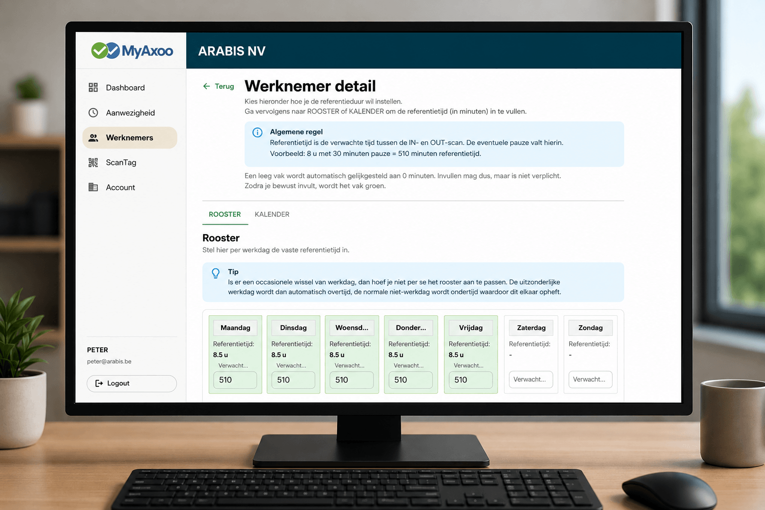 MyAxoo dashboard voor arbeidstijdregistratie en werknemersbeheer